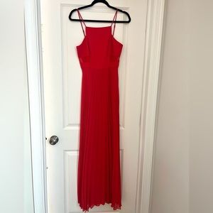 BCBGeneration Red Pleated Maxi Dress with Mesh Cutouts (Prom, Wedding Guest)